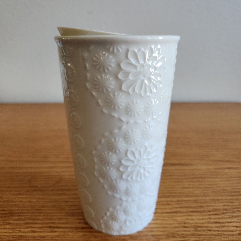 Starbucks White Embossed Ceramic Tumbler w/Lid - Picture 2 of 8